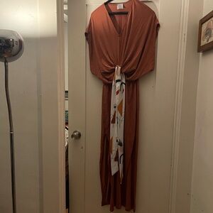 Chic Terracotta Maxi Dress with Artistic Sash